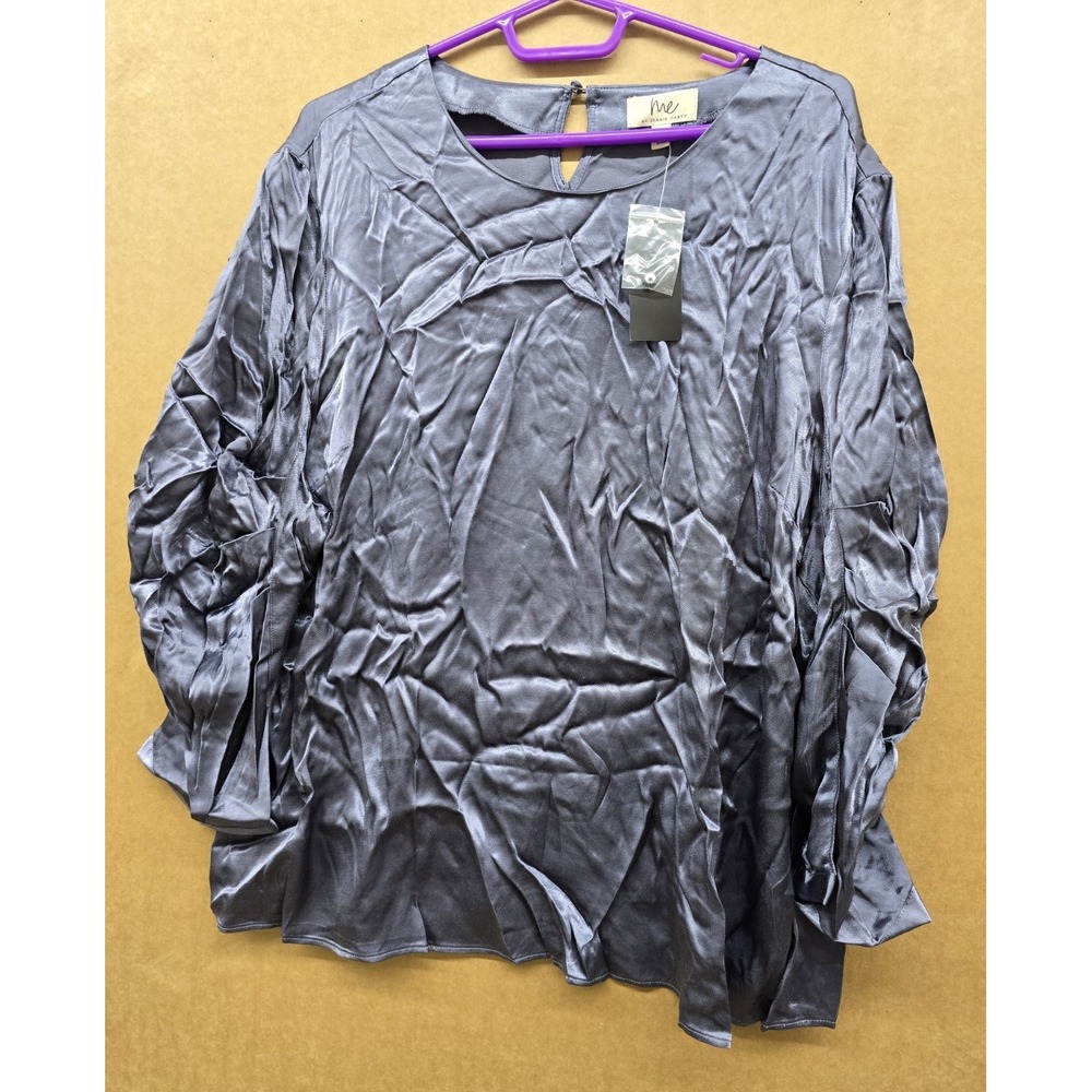 Me by Jennie Garth Gray Satin Rayon Ruffle Round Neck Long Sleeve Blouse 1X